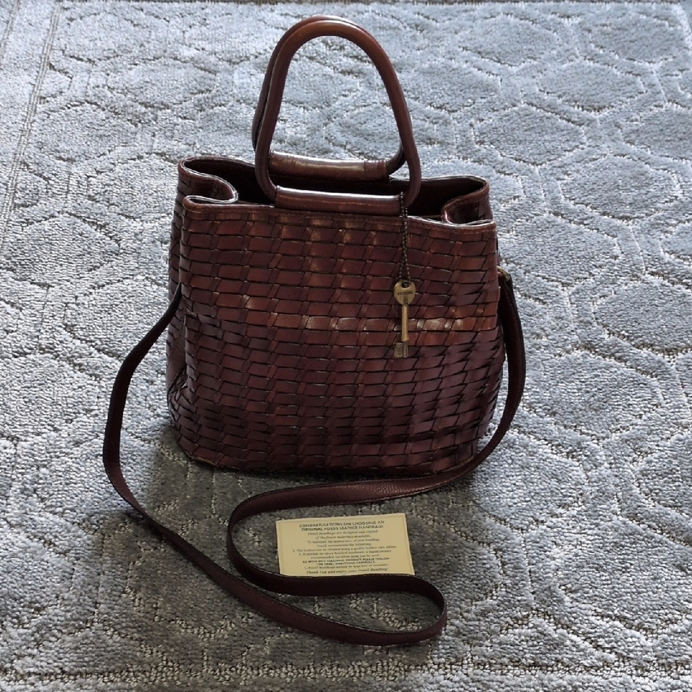 Fossil Woven Leather Shoulder Bag in Deep Brown
